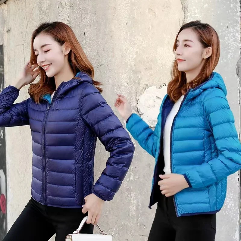 Пуховик женский ультралегкий двусторонний куртка с капюшоном и длинным рукавом