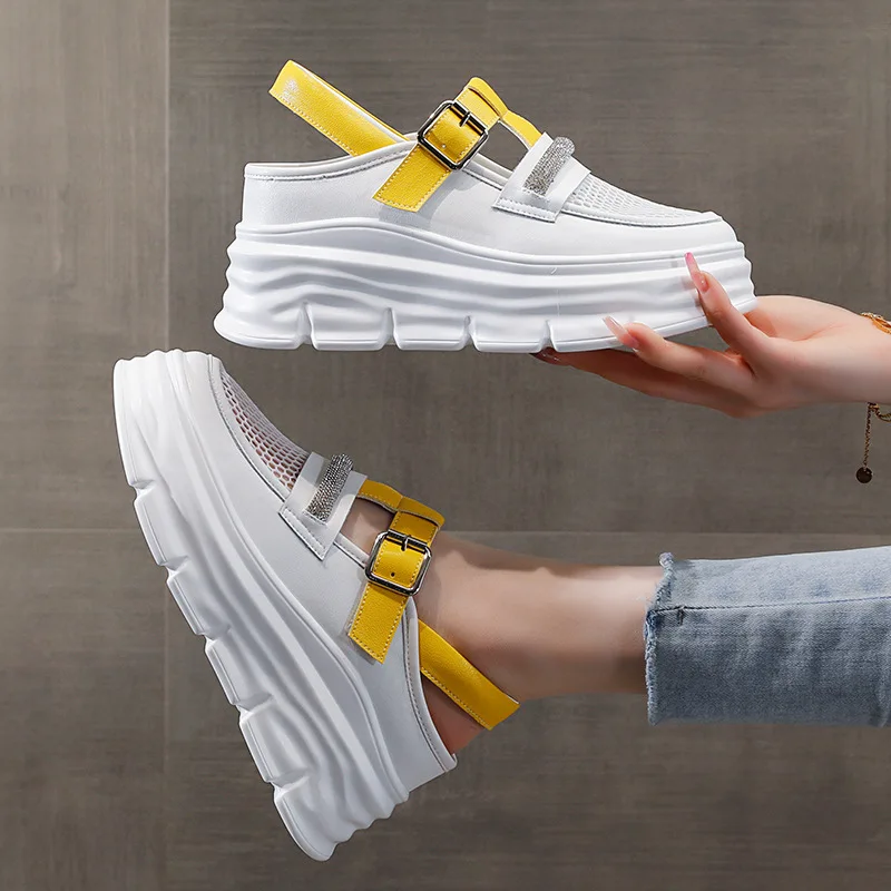 Rhinestones Mesh Hollow Women Sandals breathable Genuine Leather Comfy 2023 Summer Fashion Platform Wedge Chunky Ladies Shoes