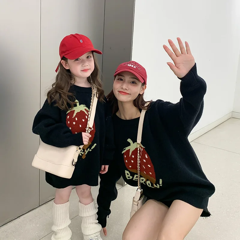 

Mother Daughter Matching Clothes 2022 Autumn Winter Korean Style Cute Strawberry Pullover Sweater Knit Pullover Kids Clothes