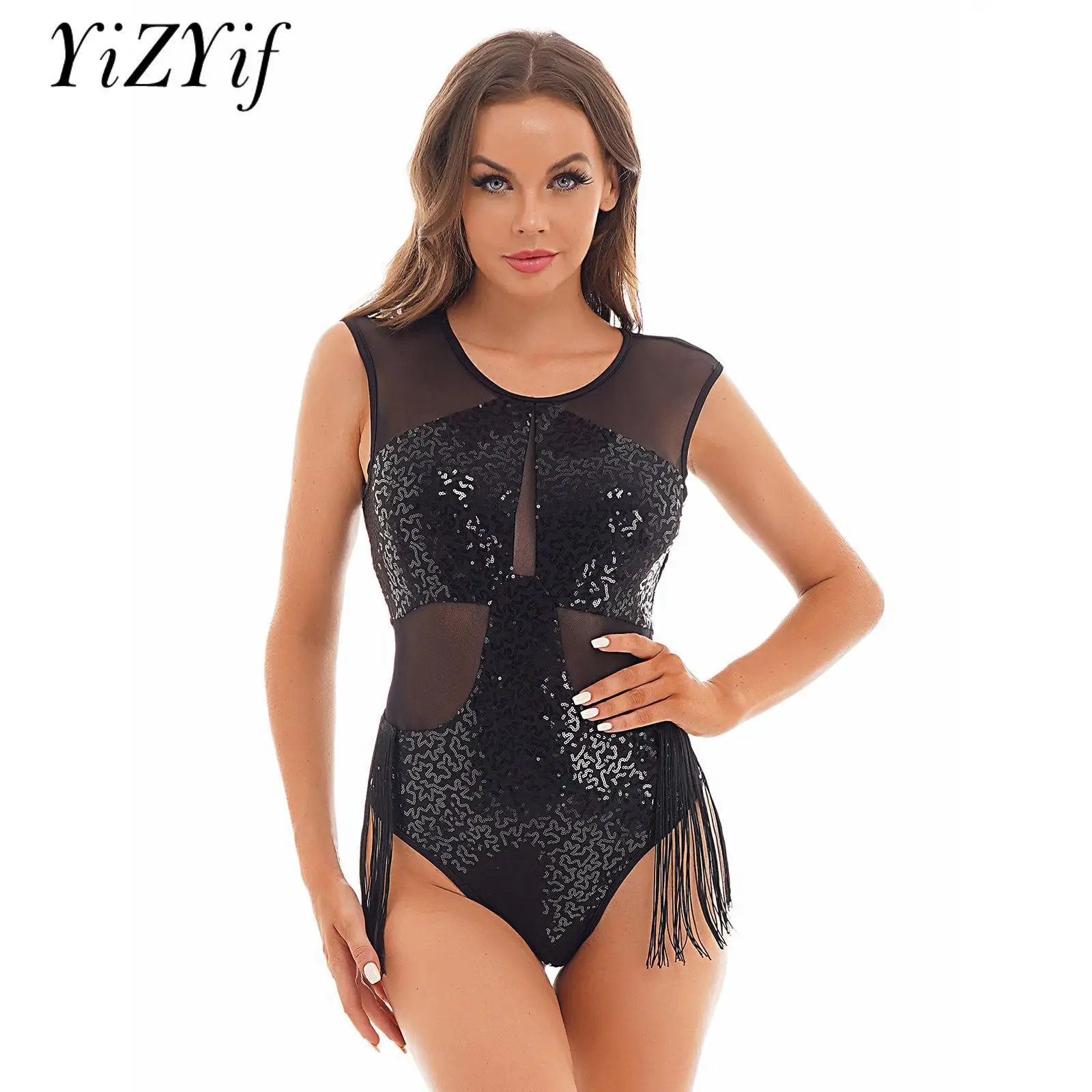 

Women's Sequins Gymnastics Leotard Mesh Patchwork Fringed Bodysuit Sparkling Ballet Dancewear Latin Stage Performance Costume