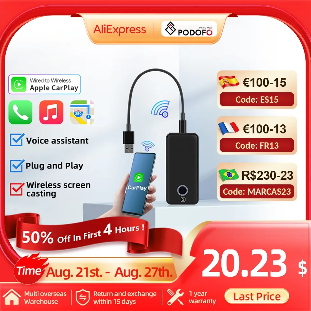 

Podofo USB Wired CarPlay Box to Wireless CarPlay Ai Box Android Auto Adapter Bluetooth Dongle For Car Multimedia Player Radio
