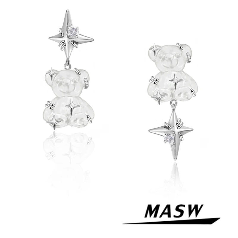 MASW-pendientes de oso pequeño chapados en plata para niña, aretes de estrella asimétricos gruesos, diseño Original, nueva tendencia, 2022
