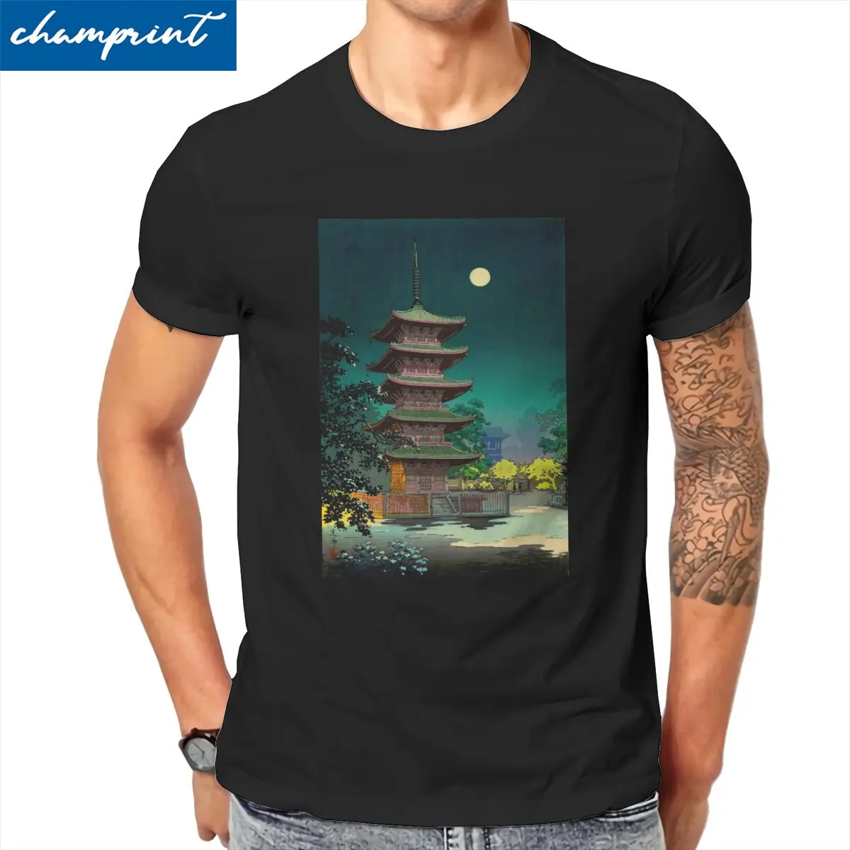 

Novelty Night Temple Traditional Japanese Ukiyoe T-Shirts Men Crew Neck 100% Cotton T Shirt Short Sleeve Tees Summer Clothes