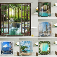 Bath Curtain 3d Printing Window Scenery Forest Shower Curtains 180*200cm Waterproof Bathroom Curtain Washable Fabric With Hooks