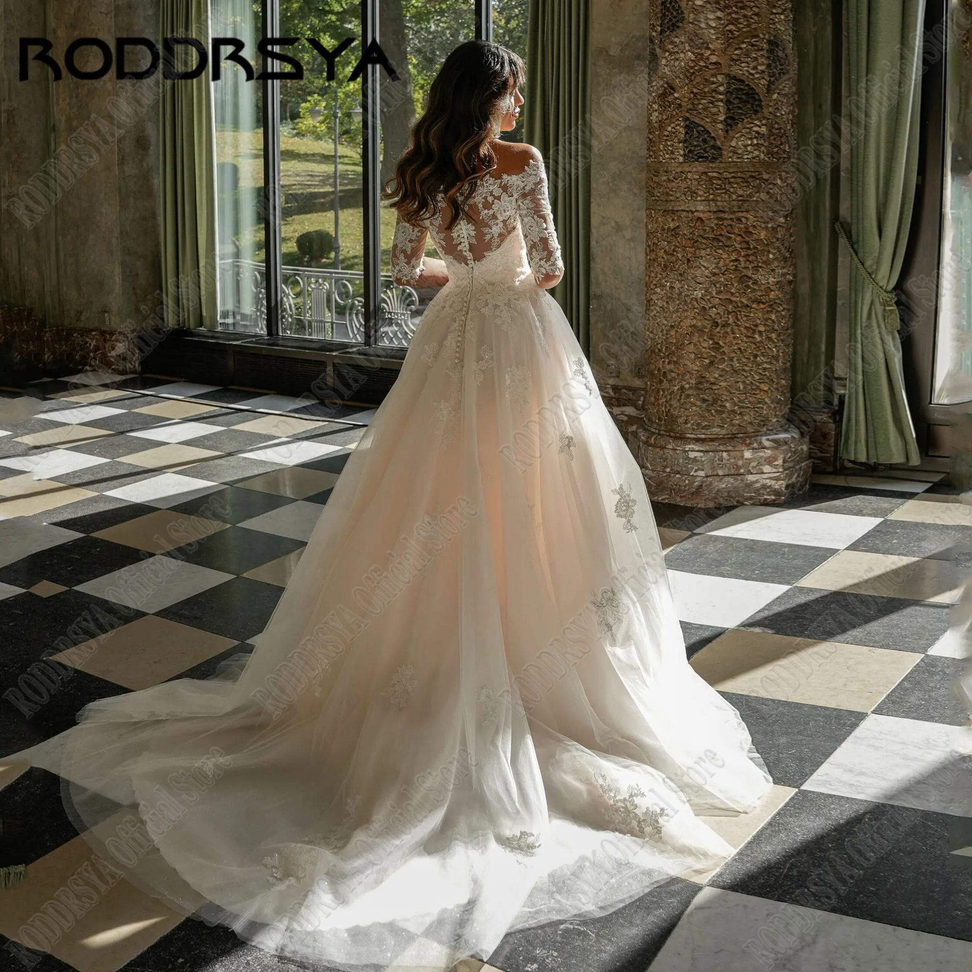 Фото Кружевные Элегантные Свадебные платья RODDRSYA, ТРАПЕЦИЕВИДНОЕ ПЛАТЬЕ с вырезом лодочкой и рукавом 3/4, иллюзионное платье для невесты, блестящее Тюлевое платье с аппликацией для невестыRoddrsya кружевное свадебное пла №3