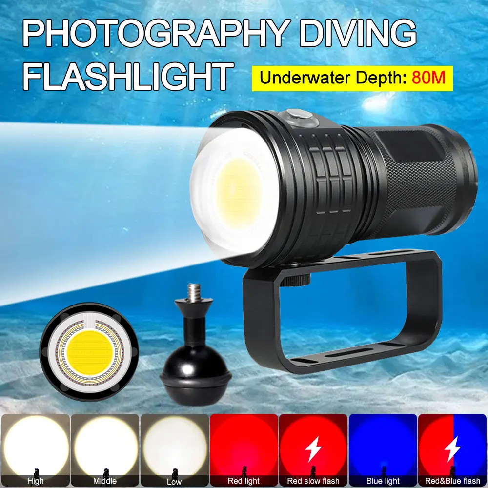 100000LM Diving Flashlight 3 Color LED Tactical Torch Underwater Lighting 80m IPX8 Waterproof For Photography Video Fill Light