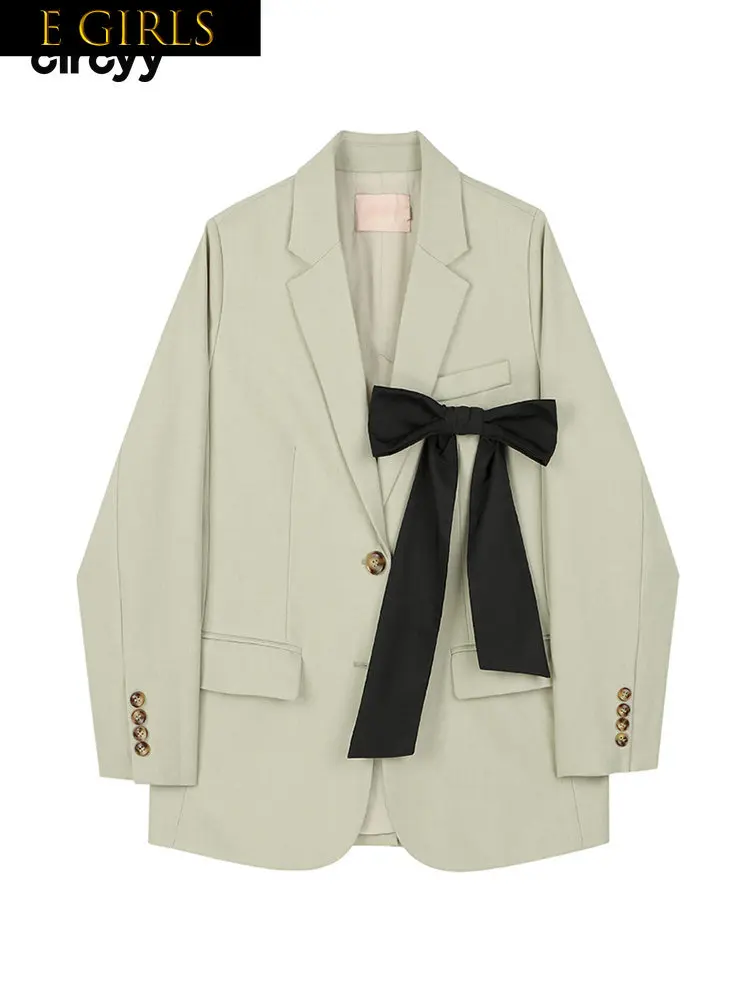 

E GIRLS Blazers Bow Turn-down Collar Long Sleeve Designer Loose Green Chic Coat Korean Office Lady Casual 2023 New Spring