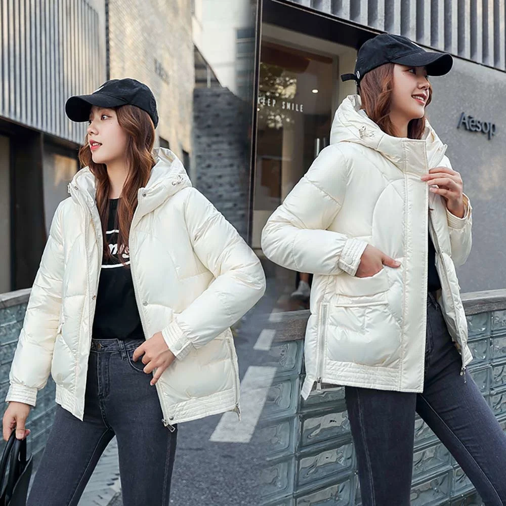 2022 Short Style Cotton Padded Winter Jacket Women Casual Stand Collar Parkas Winter Coats Female Fashion Shiny Outwear