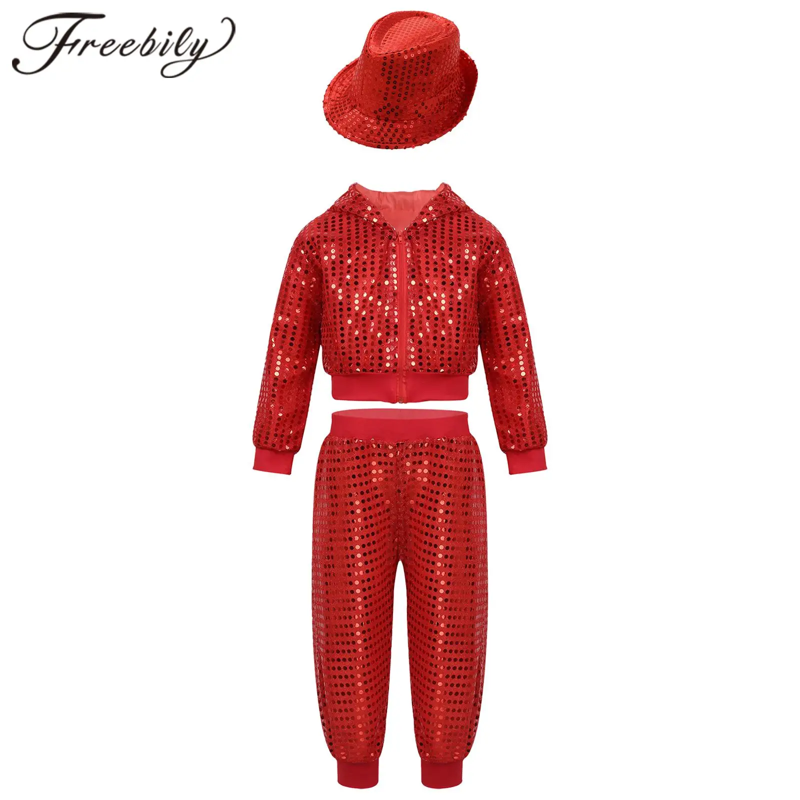 

Kids Boys Glittery Sequins Jazz Dance Costume Children Long Sleeve Hiphop Clothes Sets for Magic Show Stage Performance Clothing