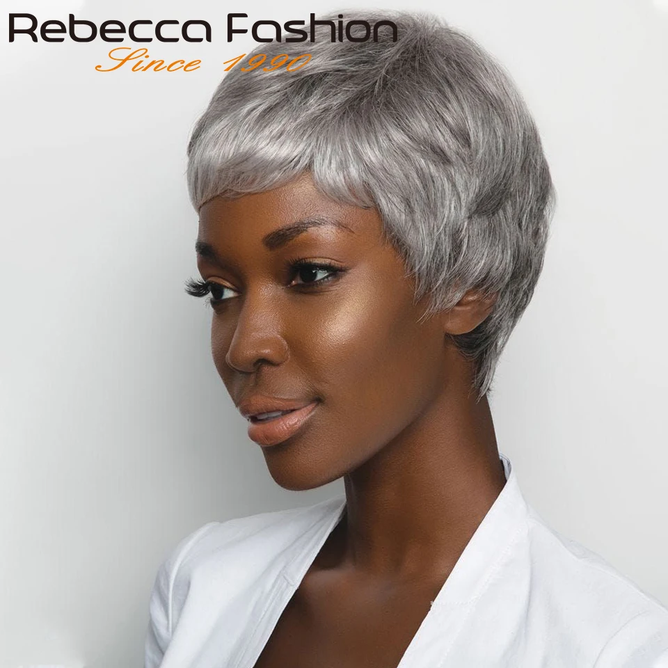 

Rebecca Grey Colored Short Straight Bob Pixie Human Hair Wig With Bangs Fringe For Women Brazilian Remy Hair Gray Bob Wigs