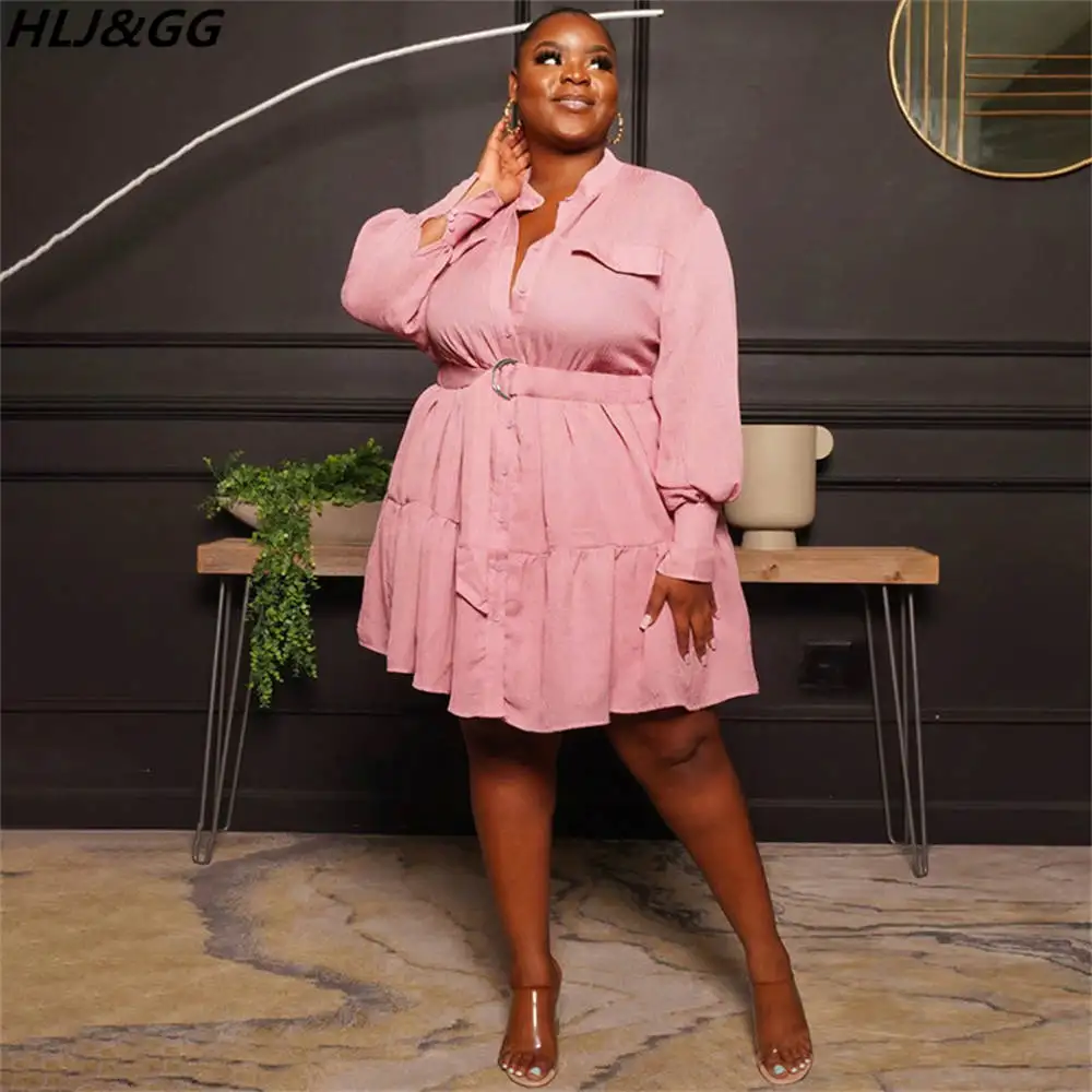 HLJ&GG Plus Size Elegant Shirt Dresses Women Solid Color Button Lace Up Mini Dress Fall Long Sleeve V Neck Belt Vestidos Clothes