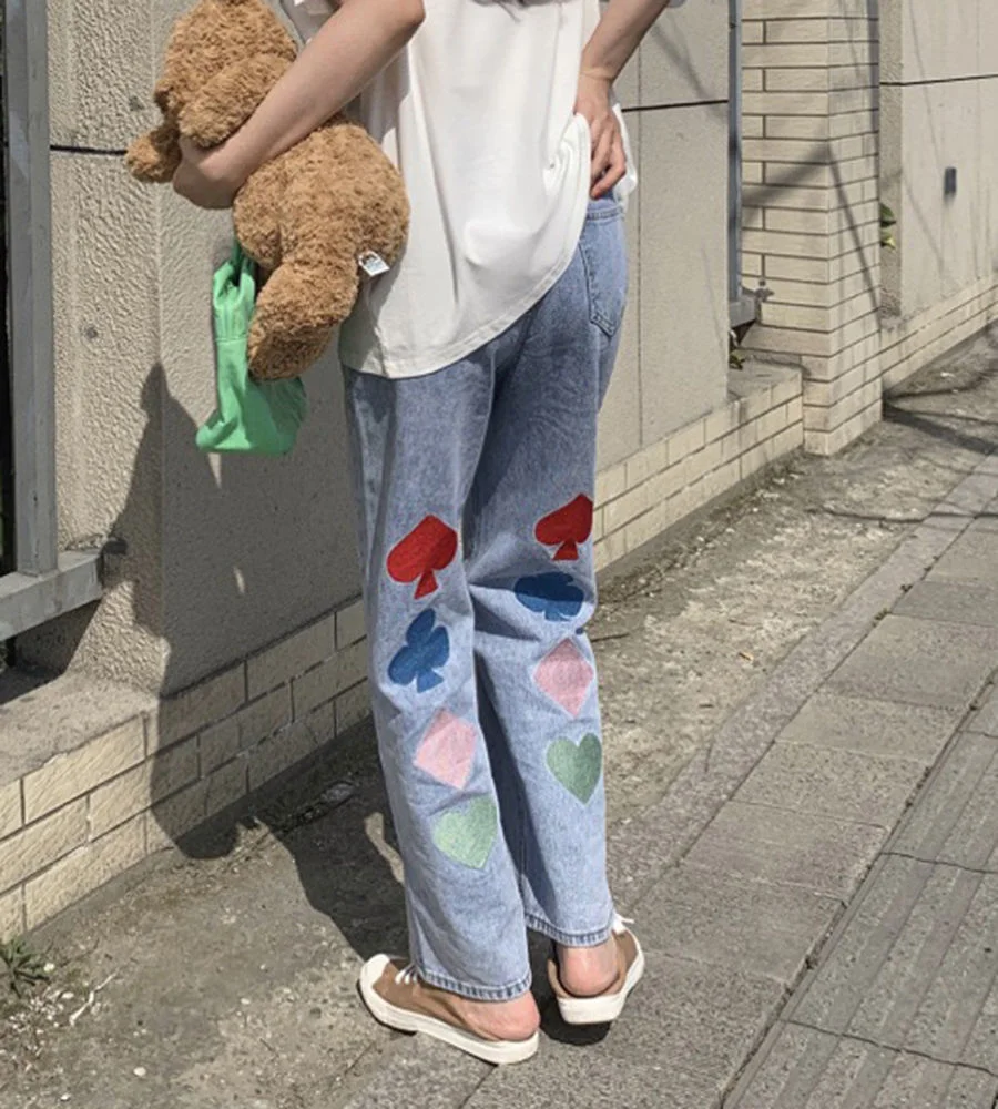 

Back Embroidery Design Jeans Women's Loose Straight High Waist Wide Leg Pants
