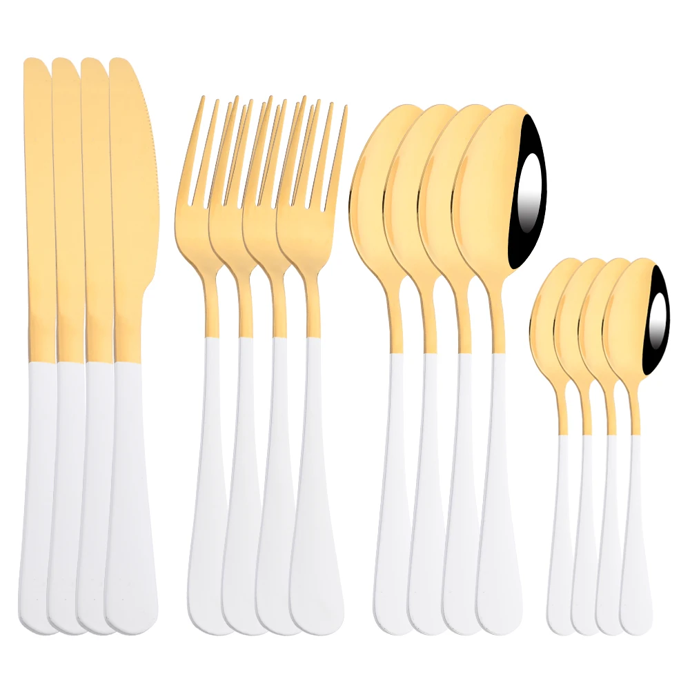 

16Pcs White Gold Dinnerware Set Stainless Steel Flatware Cutlery Set Fork Knife Teaspoon Dinner Silverware Kitchen Tableware Set