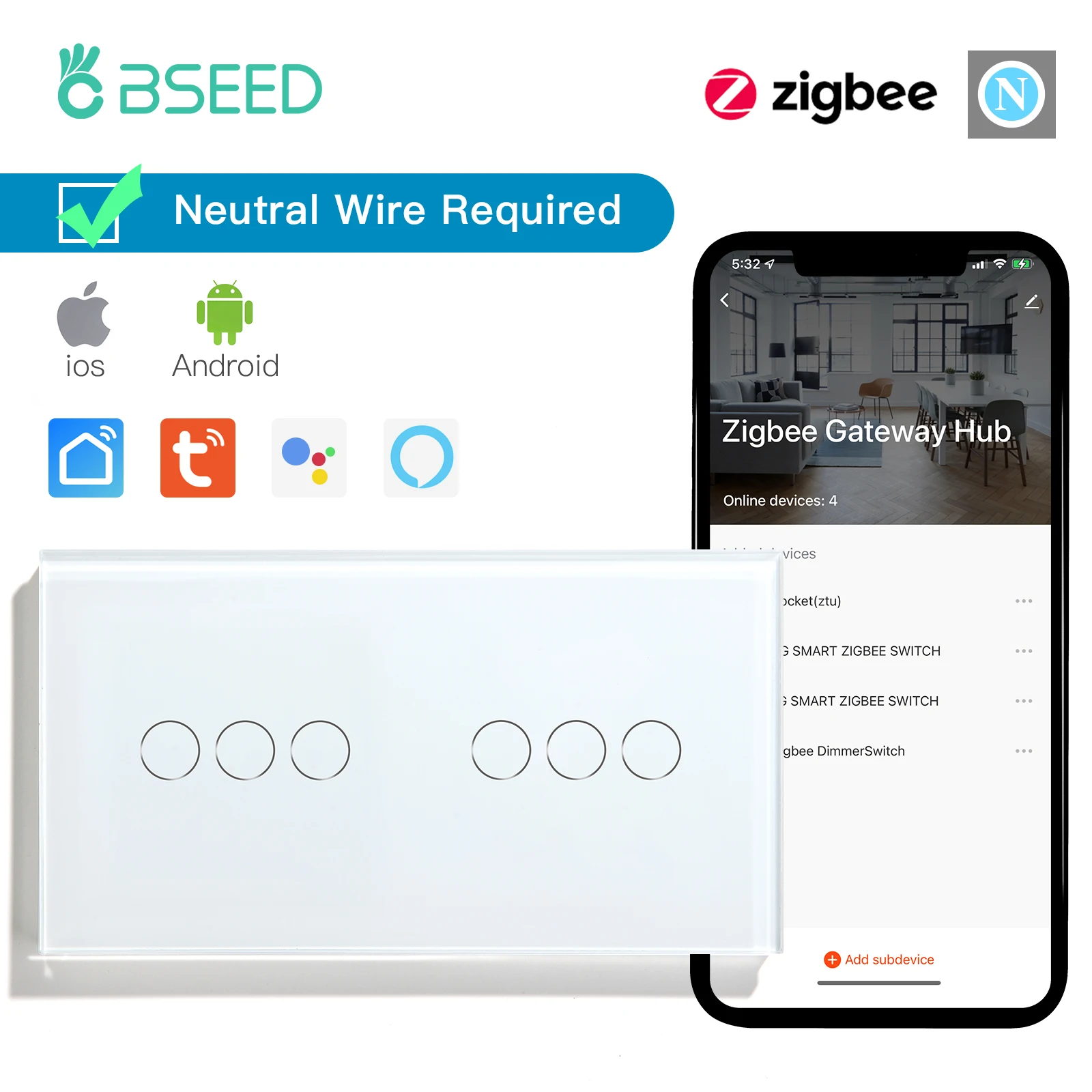 

Умные настенные выключатели BSEED Zigbee, двойные сенсорные переключатели с 3 клавишами, 1/2/3 каналами, для умного дома, стеклянная панель требует нейтрального провода