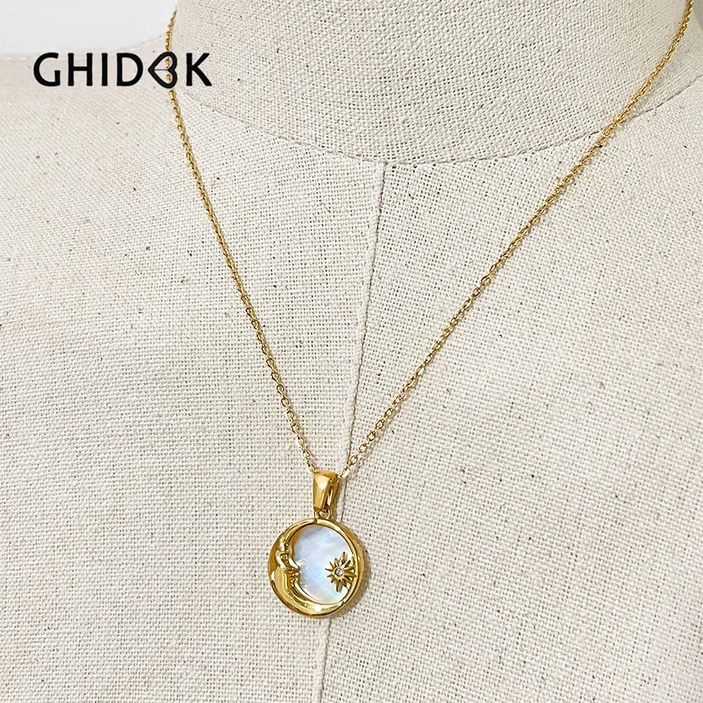 

Ghidbk Water Resistant 18K Gold Plated Starburst Crescent Coin Pendant Necklace Women Mother of Pearl Moon Celestial Jewelry