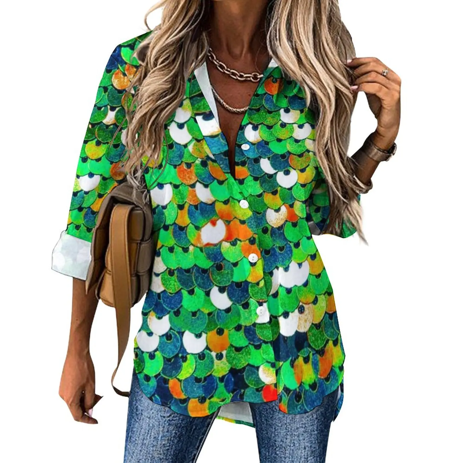 

Green Metallic Print Casual Blouse Funky Sequins Vintage Custom Blouses Women Long Sleeve Street Fashion Shirt Oversized Top