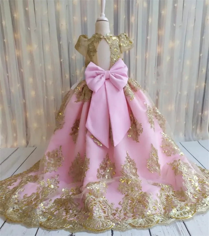 

High Quality Pink Gold Lace Beads Flower Girl Dress Cap Sleeve Infant Toddler First Birthay Dress Big Bow Headpiece