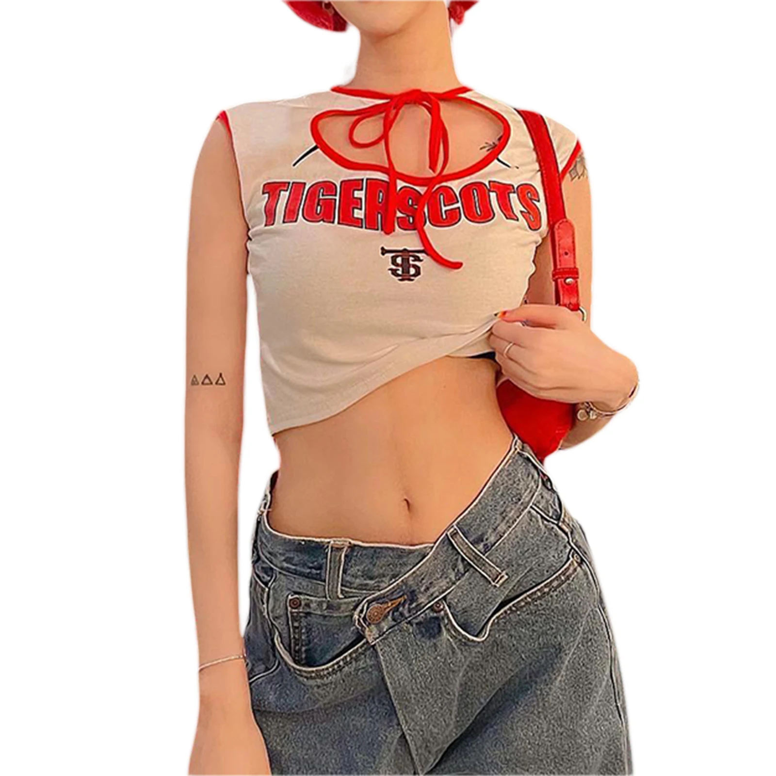 

Women Clothing Polyester Summer Camisole Cut Out Tie Up Chest Round Neck Sleeveless Lettering Pattern Vest Tops