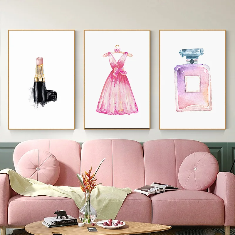 Модная женская картина для макияжа холст розовое платье парфюм помада плакат и
