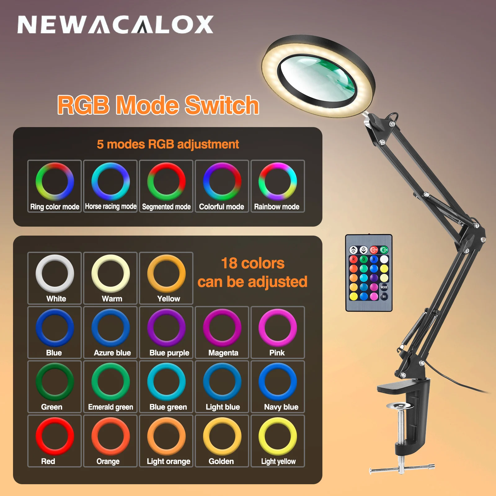 

NEWACALOX Remote Control 5X Magnifying Glass Lamp USB Magnifier with Color LED Light for Live Photo Atmosphere Festival Lights