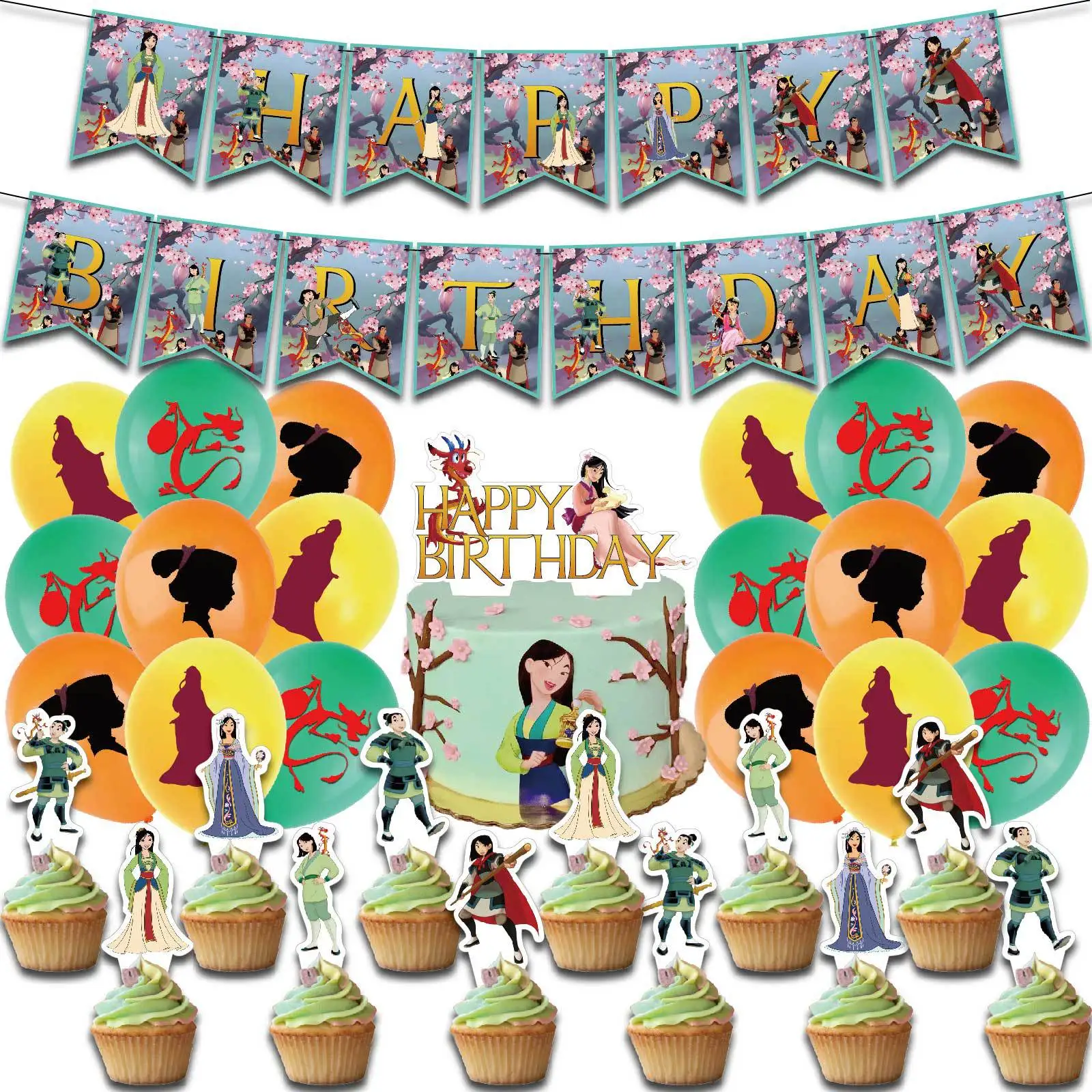 1Set Disney Movie Mulan Latex Balloon Banner Cake Topper  Girls Birthday Party Decoration Baby Shower Supplie Kids Toy Globos