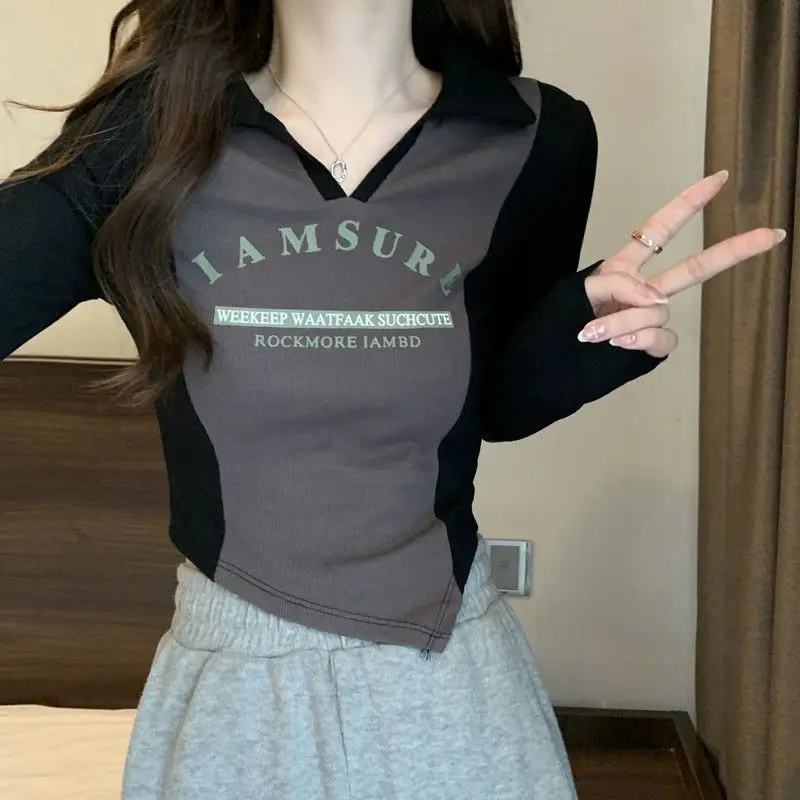 

Letter Y2k T Shirt American Retro Crop Top Women Patchwork Autumn Long Sleeve Tees Korean Slim Tshirts Femme V-neck Clothes 2023