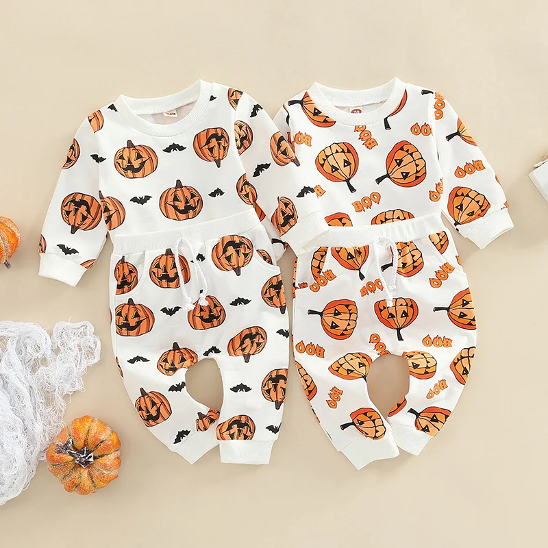 

Fashion Baby Halloween Clothing Sets 0-24m Autumn Newborn Boys Girls Pumpkin Letter Print Sweatshirts+pocket Long Pants Outfits