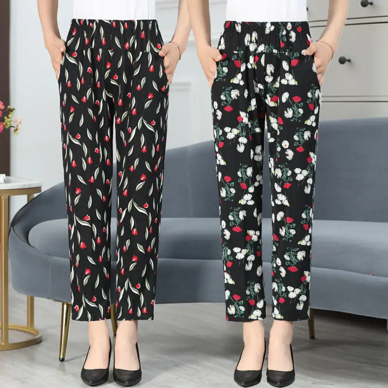 

2022 Spring Summer Middle Aged Elderly Women's Pants Elastic Waist Floral Print Trousers Casual Vintage Full-Length Pants J18
