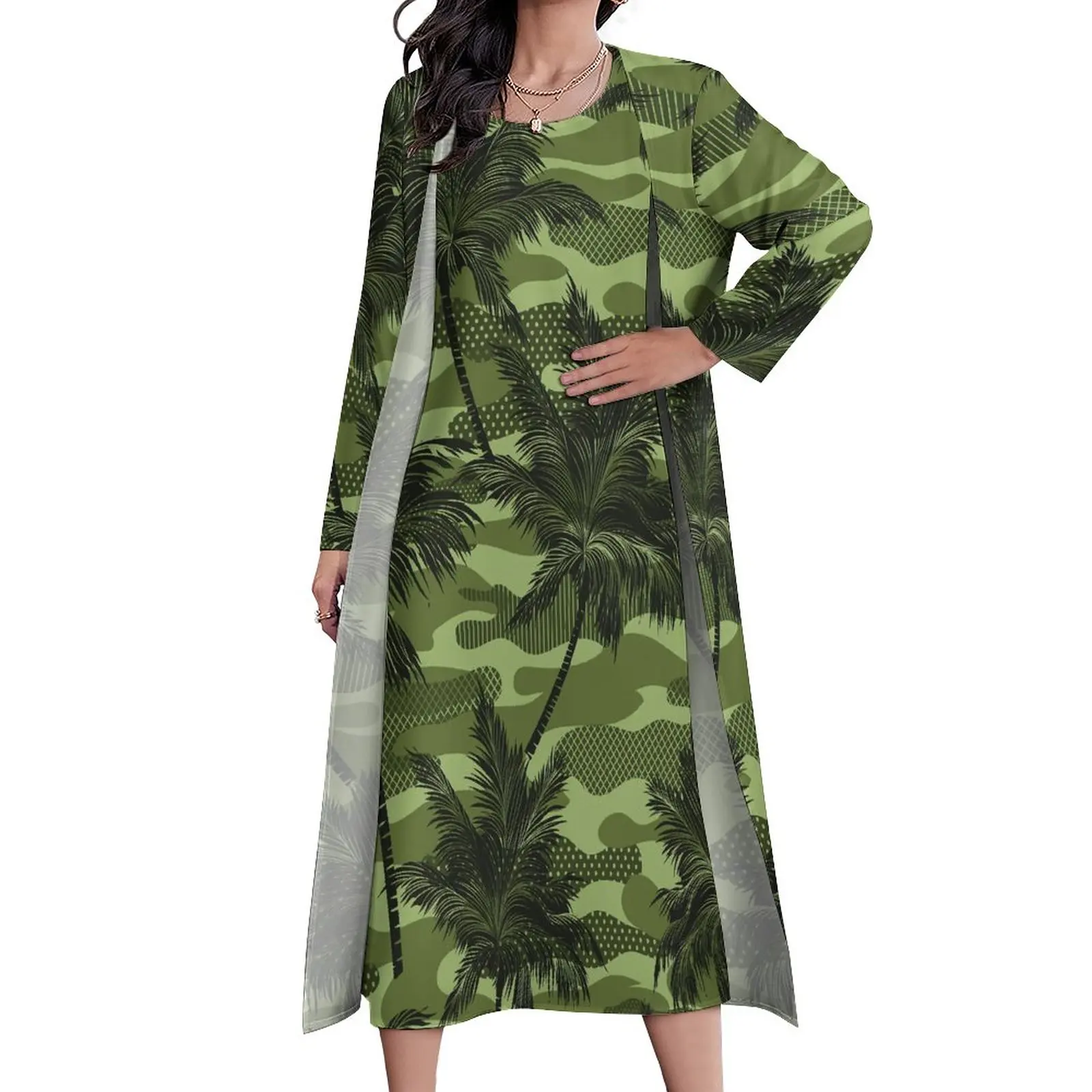 

Green Camo Print Dress Autumn Palm Tree Print Streetwear Casual Long Dresses Female Custom Night Club Maxi Dress Big Size 5XL