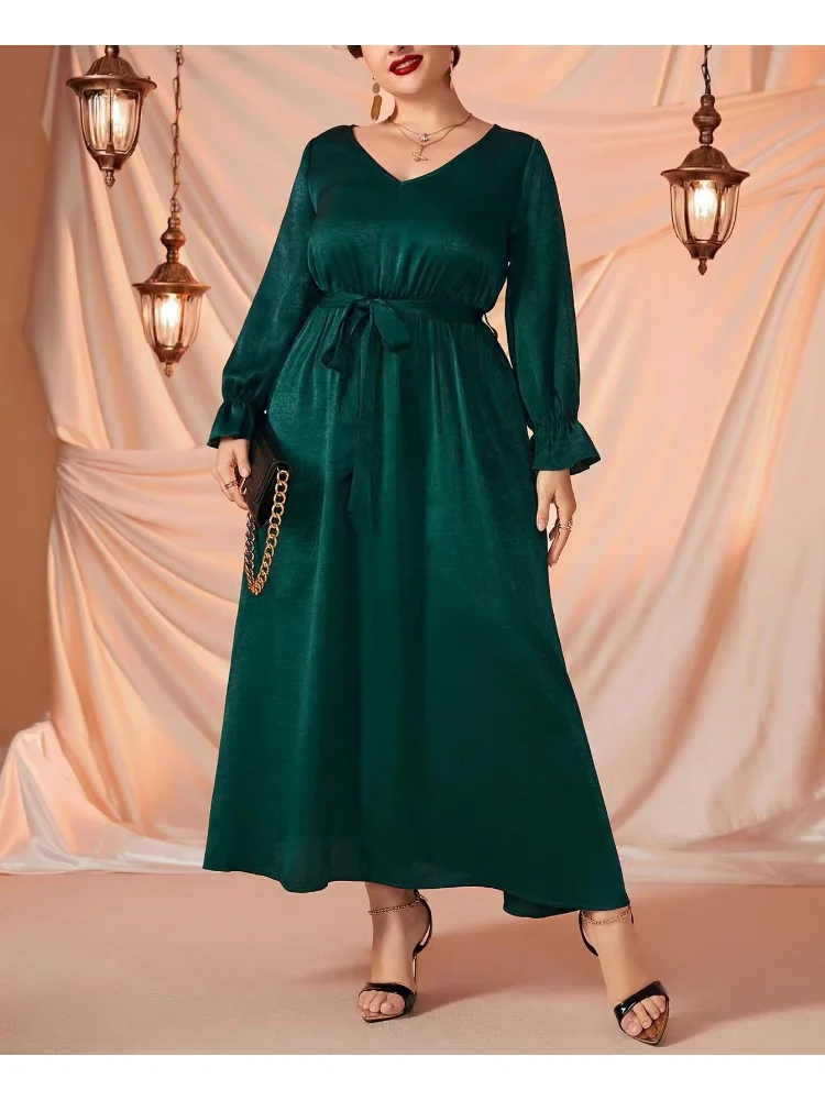 Large size solid colo new elasticated waist slim dress women's wear long sleeve plus size women clothing party dresses