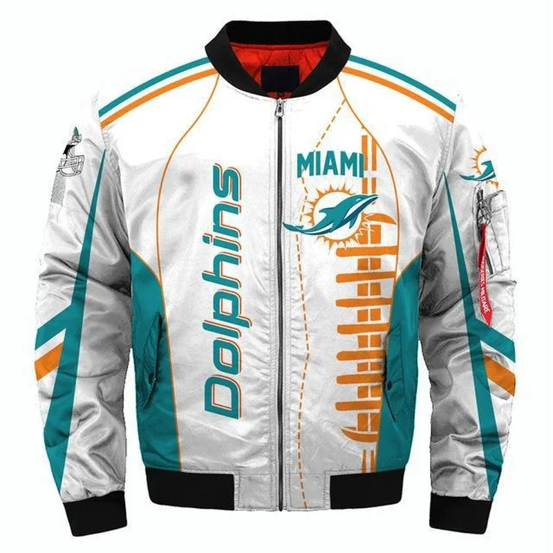 

Miami Men Winter Jackets coat Fashion 3D Digital Print baseball uniform football Dolphins zipper Bomber Jacket for clothing