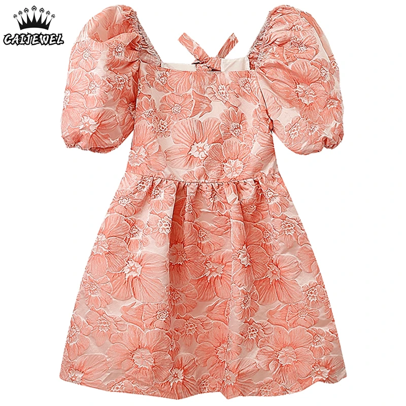 

Women's Broken Flowers Dress Square Neck Puff Short Sleeve Casual Fashion High Waist Baggy Backless Short Skirt Ladies Summer
