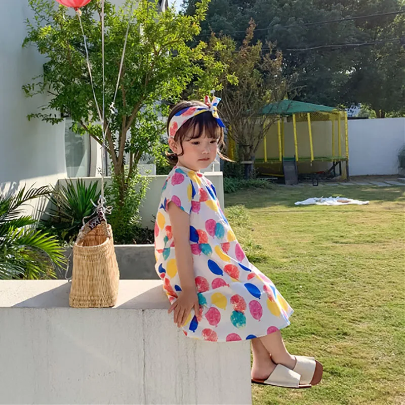 

Платье с принтом воздушных шаров для девочек, многослойное хлопковое детское платье с О-образным вырезом, повседневное модное дышащее плат...