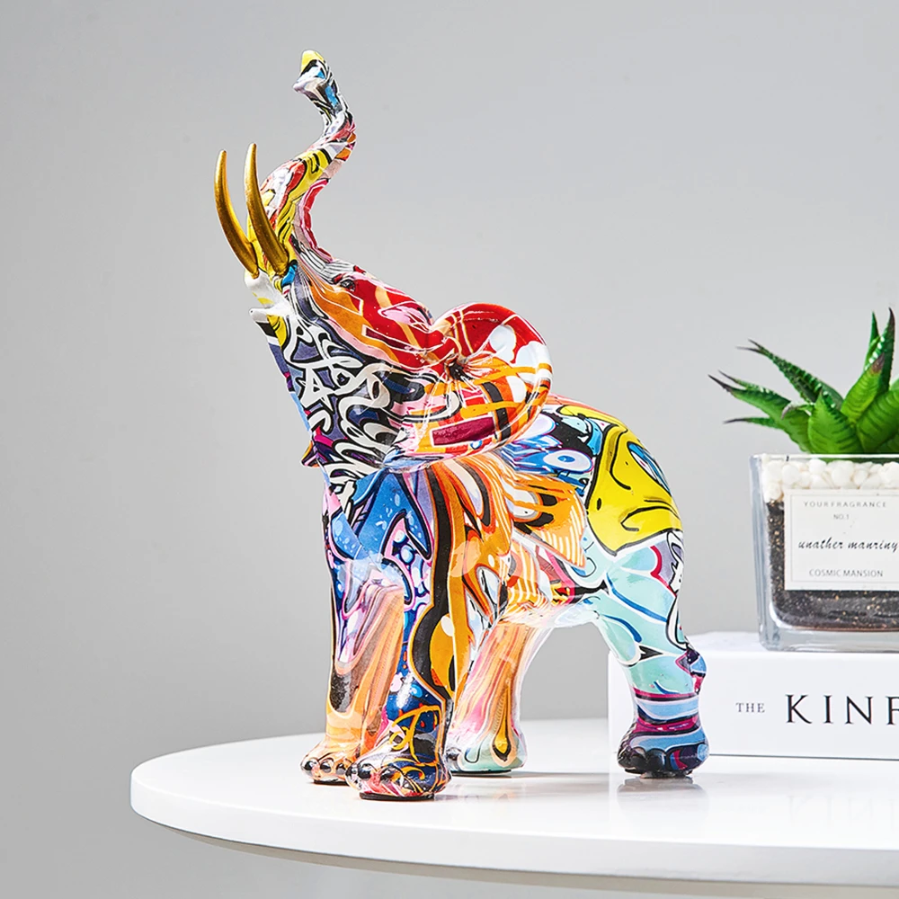 

Graffiti Colorful Painting Elephant Sculpture Figurine Art Elephant Statue Creative Resin Crafts Home Porch Desktop Decor