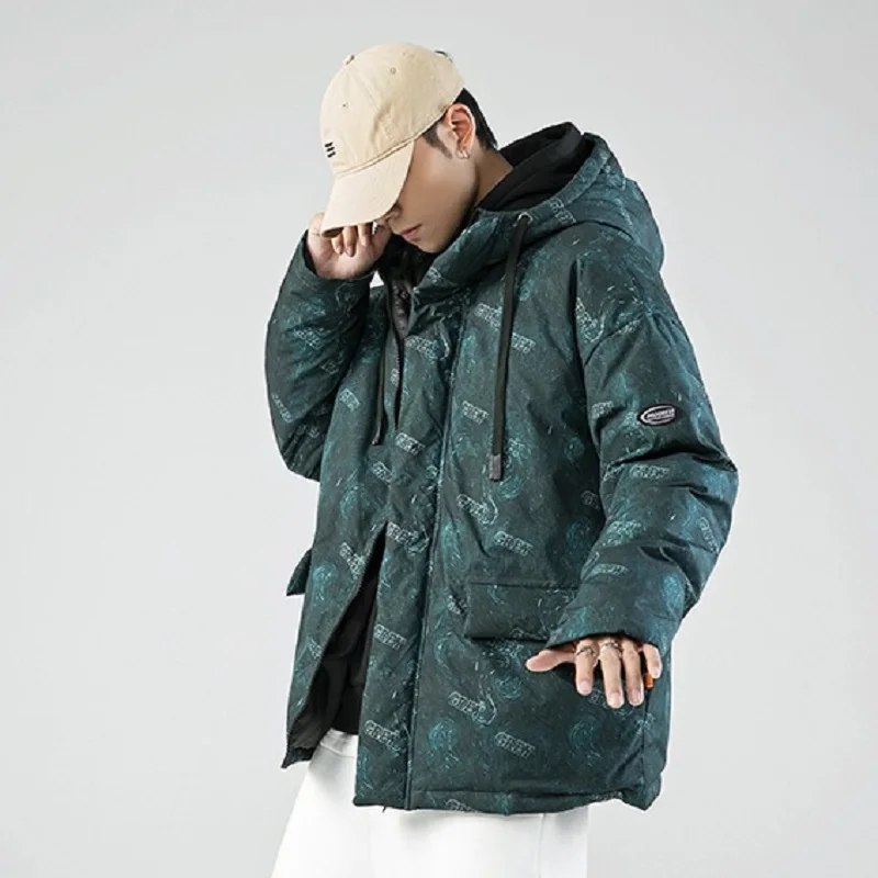 Japanese Fashion Hooded Cotton Jacket Men 2022 Winter Printing Thickened Warm  Jackets Outdoor Sports Loose Coat Men Parkas