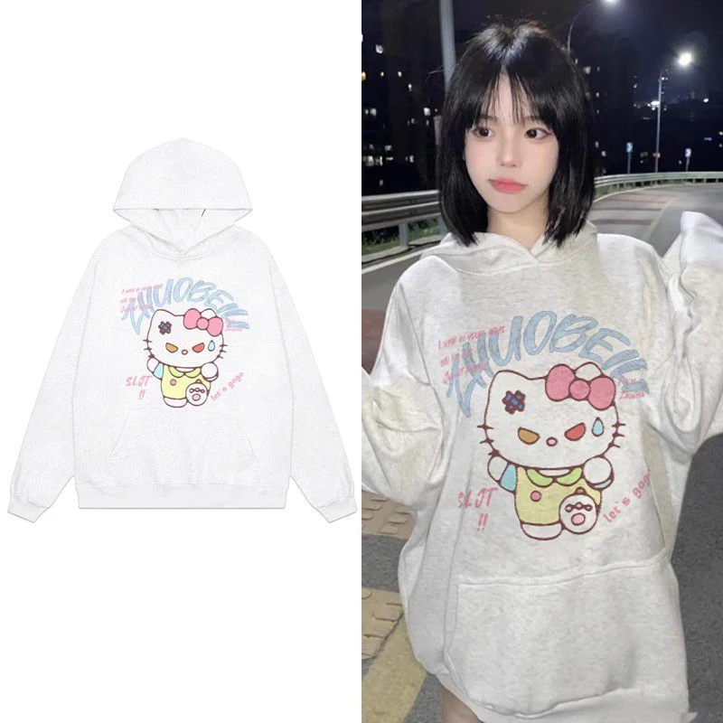 

Funny Pure Cotton Hello Kitty Cartoon Sweater Regular Thin for Spring or Autumn and Fleeced for Winter Women Hooded Sweatshirt