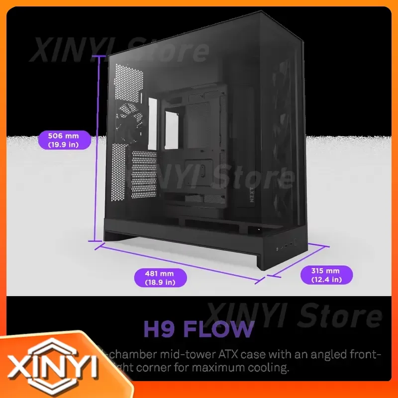 Фото Корпус для игрового ПК NZXT H9 Flow Black White Mid Tower ATX с закаленным стеклом и 4 предустановленными вентиляторами для самостоятельной сборки настольного компьютера №2