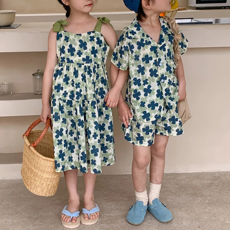 Criscky 2022 New Brother Sister Clothes Printed Sweet Girls Suspenders Long Skirt Boys Two Piece Suit Summer Boy's Suit