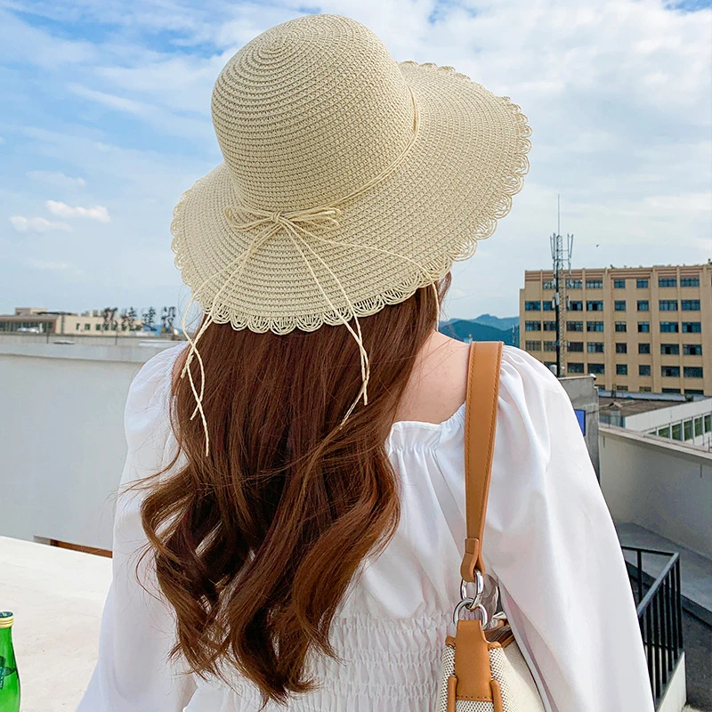 

Summer Sun Hat Women Beach Panama Straw Cap Big Brim Black White Bow Ribbon Temperament Flat UV Cut Lady Sunshine Hat
