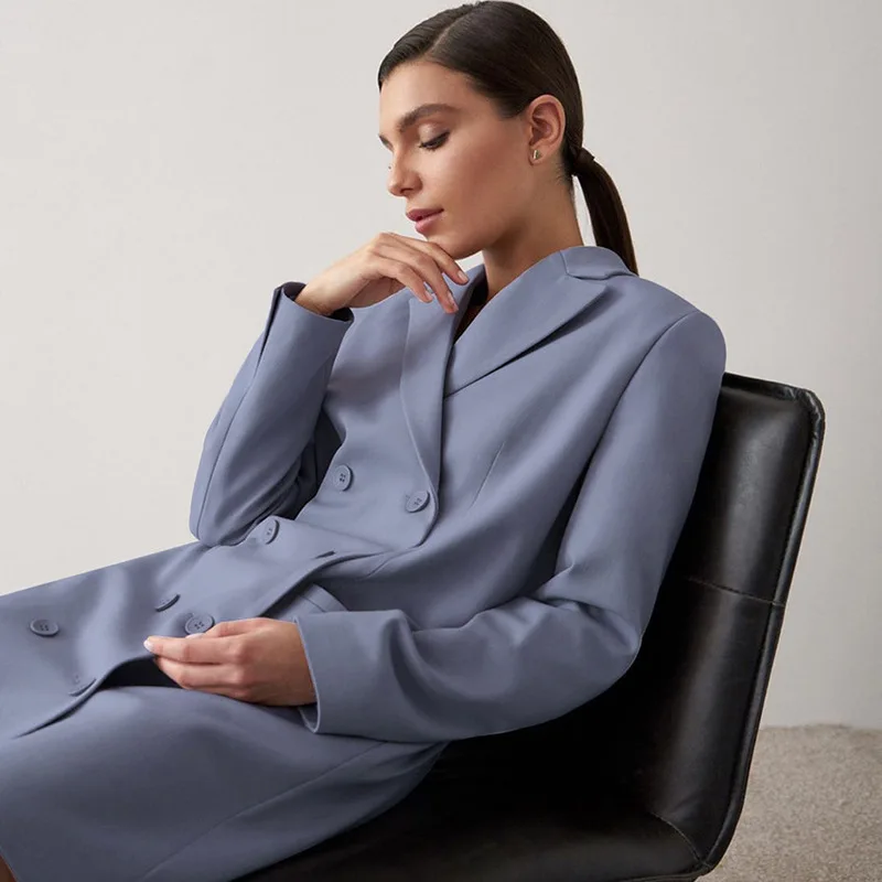 Women Office Blazer Dress Double Breasted Elegant Fashion Blue Casual Suit 2021 New Long Sleeve Solid Colors Work Blazer Dresses