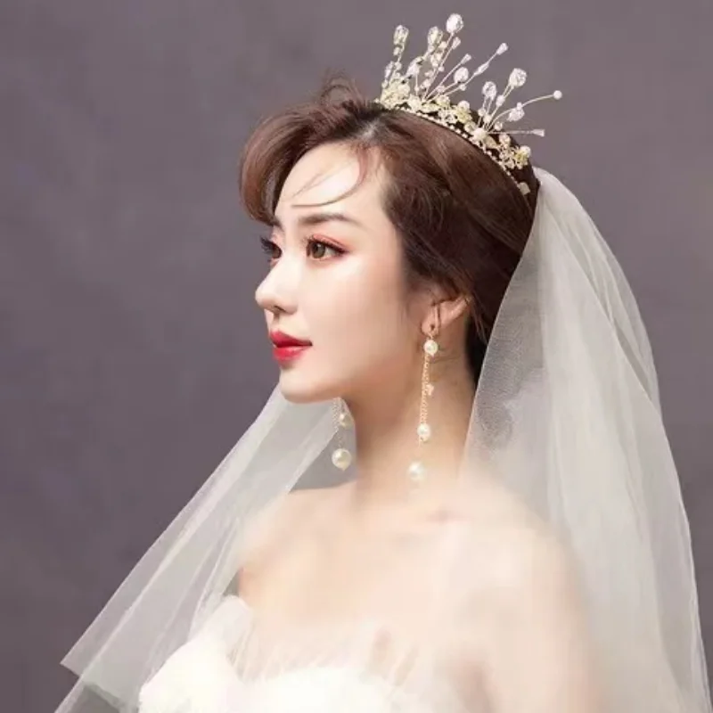 

Korean sen system fairy beauty bride headdress veil crown earrings wedding super fairy hair accessories wedding dress accessorie