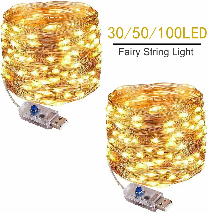 

Сказочная гирлянда с медным проводом, работающая от USB, Сказочная гирлянда, гирлянда для свадьбы, Рождества, вечеринки, домашнего интерьера (20/30/50/100 светодиодный)