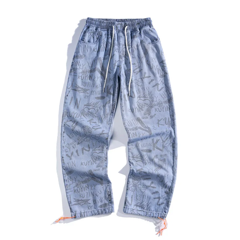 Four Seasons Men's Jeans Straight Leg Wide Leg Pants Ins Trend Pattern Printing Loose Straight Pants Fashion Street Men's Pants