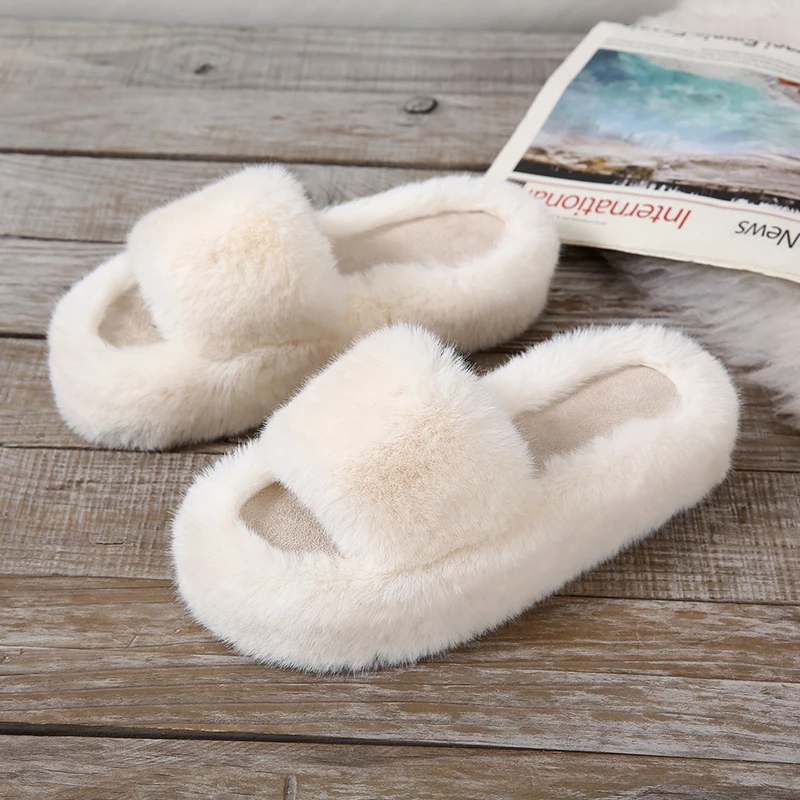 

Autumn and Winter Warm Skin-friendly Breathable White Women's Plush Slippers Rubber Flat Bottom Home Cotton Shoes for Indoor