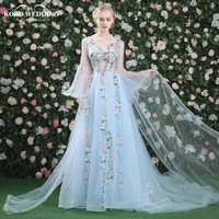 sparkly evening dresses light blue with colorful embroidery prom dresses sheer long sleeves ball gown vestido festa