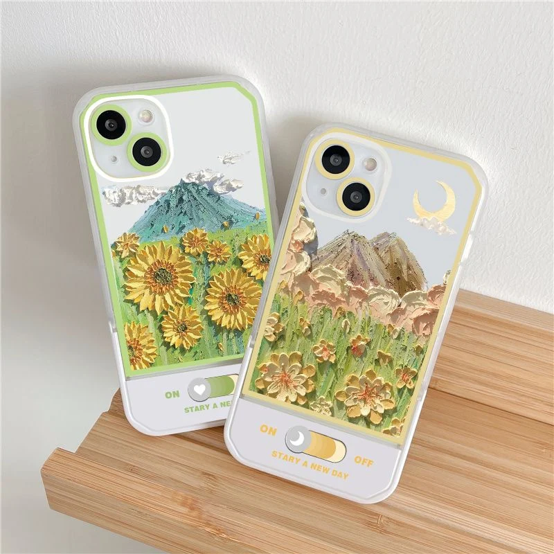 

Art Retro Oil Painting Sunflower Phone Case For iPhone 11 12 13 Pro Max X XR XSMax 7 8 Plus Mountain Flower Stand Soft TPU Cover