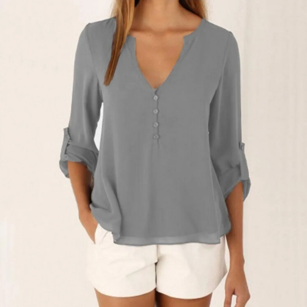 

Fashion Summer Ladies Shirt Tops V Neck Three Quarter Sleeve S-5XL Fat Mm Loose Big Plus Size Chiffon Blouse for Women Clothing