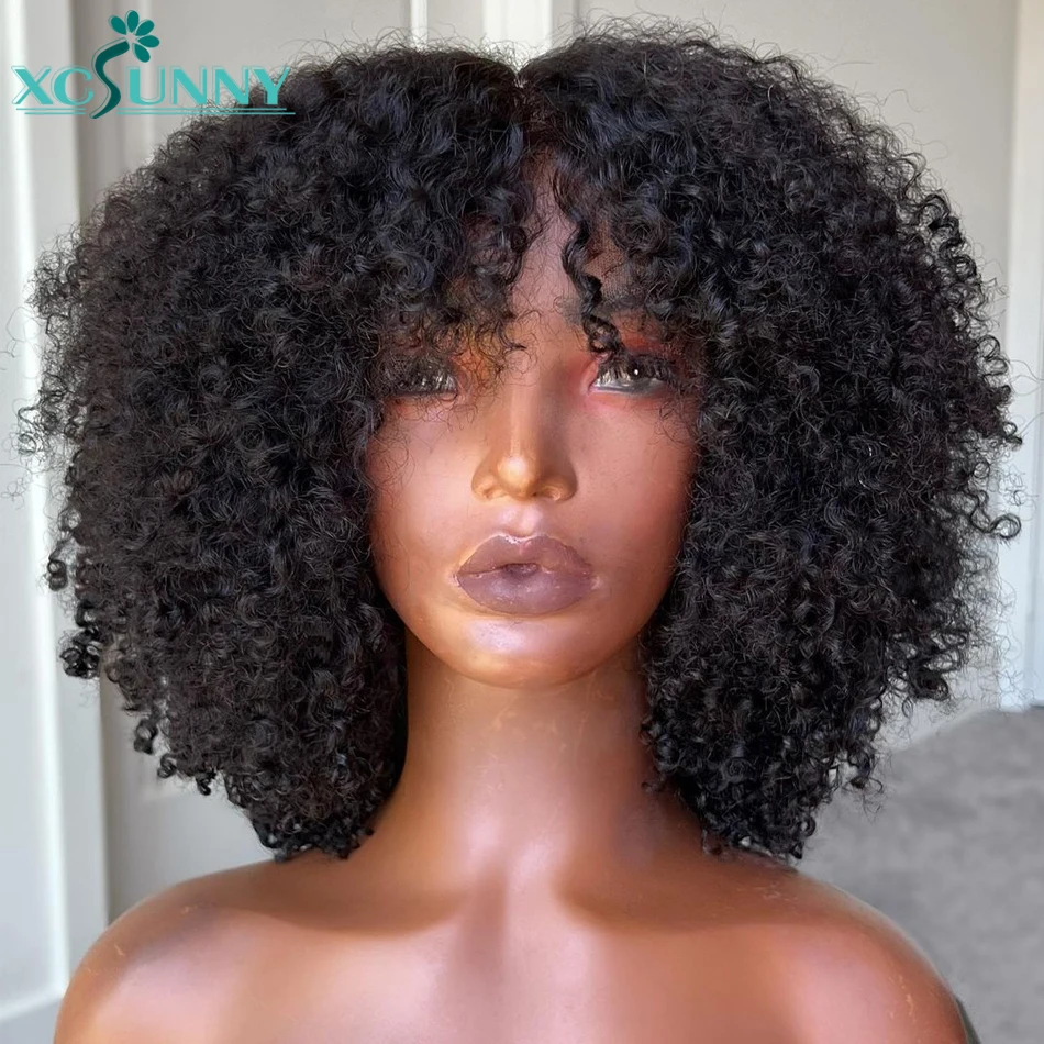 Kinky Curly Bang Wig Human Hair Short Curly Human Hair Wigs With Bangs Full Machine Made Wig Glueless Natural Hair Xcsunny