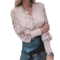 elegant fashion hollow out lace shirts womens clothing 2021 autumn winter new office ladie v neck long sleeve blouses blusas