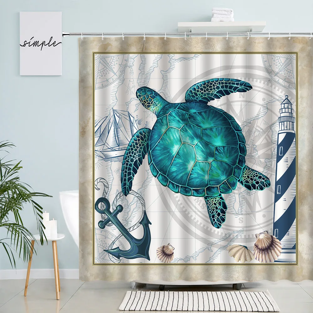 

Animals Sea Turtle Shower Curtains Creative Anchor Lighthouse Shell Nautical Map Printed Fabric Home Decor Bathroom Curtain Sets